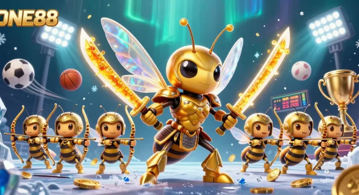 ONE88 brings excitement with golden hornet samurai and sports-themed illustrations showcasing dynamic betting.