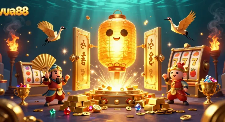 Win big at vua88 with a vibrant night market casino scene featuring lucky symbols and golden treasure.