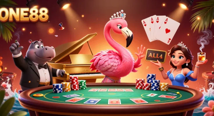 Experience the vibrant excitement of ONE88 with a flamingo singer and hippo bassist in a lively casino scene.