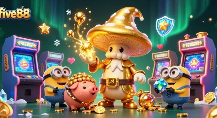 Experience the magic as five88 transforms gaming with a golden mushroom wizard and treasures.
