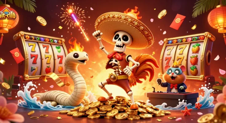 Hit-club showcases a lively 3D casino scene with a dancing rooster and vibrant slot reels.